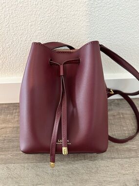 Lauren Ralph Lauren Wine Red Leather Drawstring Bucket Bag